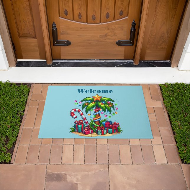 Tropical Christmas Holiday Palm Tree Welcome Doormat (Outdoor)