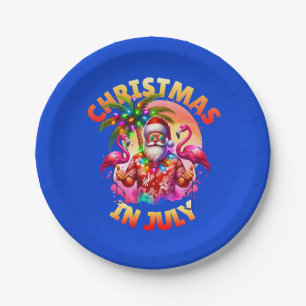Tropical Christmas in July Palm Trees & Flamingos Paper Plates