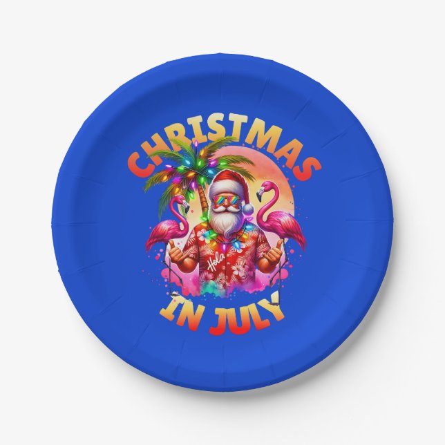 Tropical Christmas in July Palm Trees & Flamingos Paper Plates (Front)