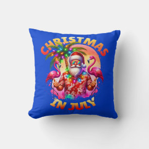 Tropical Christmas in July Palm Trees & Flamingos Throw Pillow