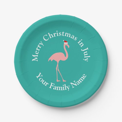 Tropical Christmas in July pink flamingo Santa Paper Plates