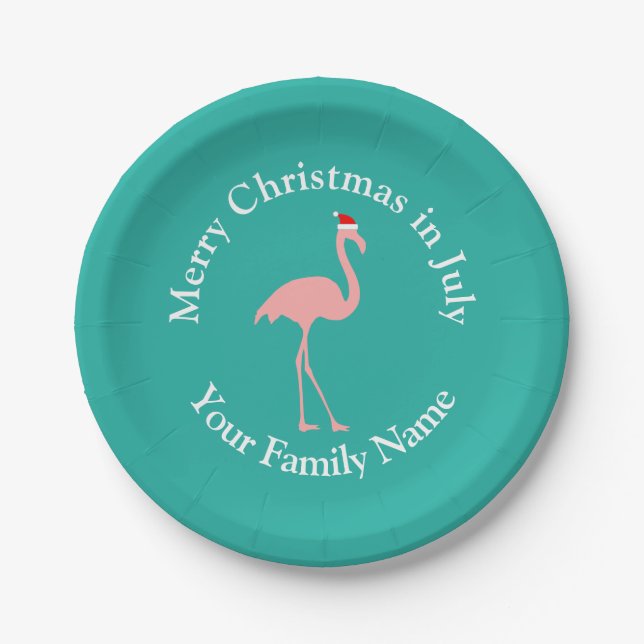 Tropical Christmas in July pink flamingo Santa Paper Plates (Front)