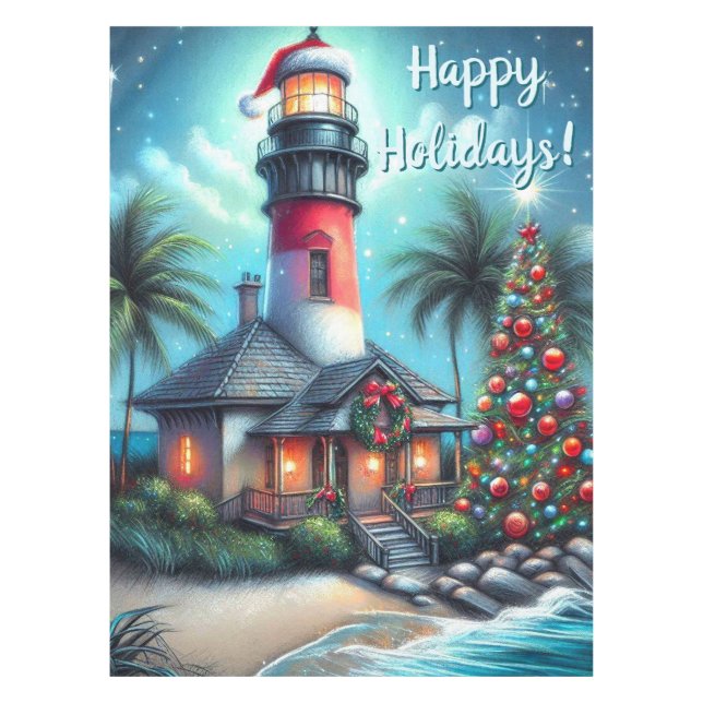 Tropical Christmas Lighthouse Personalized Runner Tablecloth (Front)