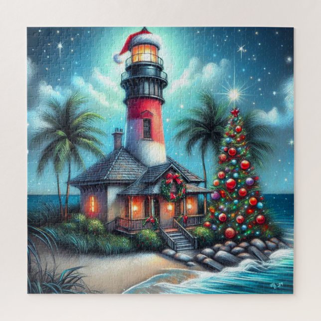 Tropical Christmas Lighthouse Whimsical Teal & Red Jigsaw Puzzle (Vertical)