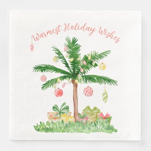 Tropical Christmas Lights Coral  Green Watercolor Paper Dinner Napkins