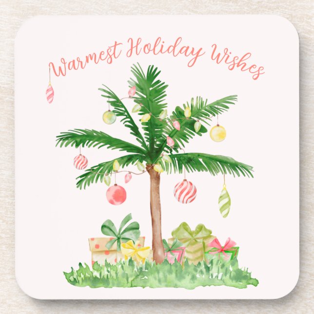 Tropical Christmas Lights Coral & Green Whimsical Beverage Coaster (Front)