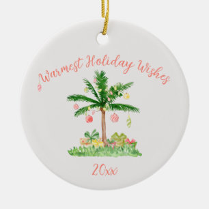 Tropical Christmas Lights Coral & Green Whimsical Ceramic Ornament