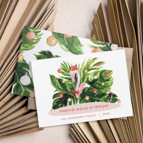 Tropical Christmas modern palm botanical Flamingo Holiday Card
