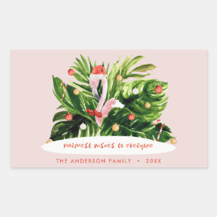 Tropical Christmas modern palm botanical Flamingo  Rectangular Sticker
