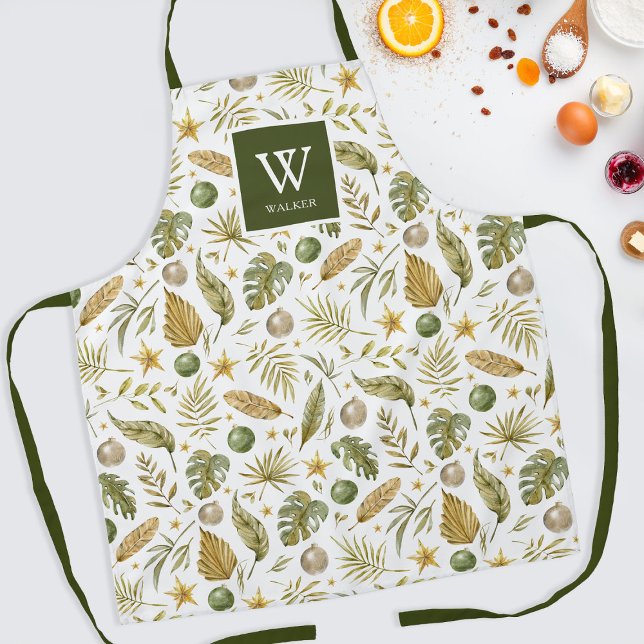 Tropical Christmas Monogram Name Apron (Creator Uploaded)