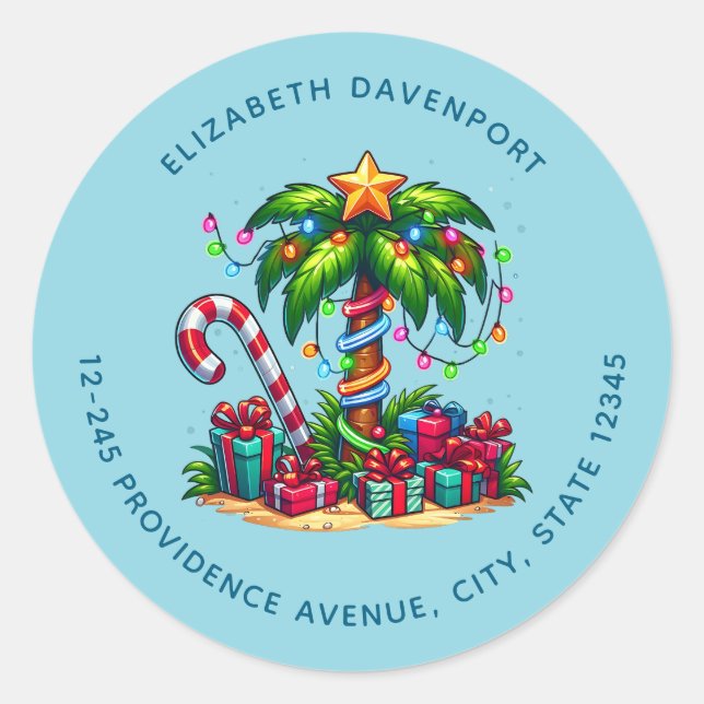 Tropical Christmas Palm Tree Address Classic Round Sticker (Front)