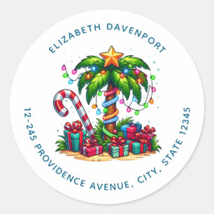 Tropical Christmas Palm Tree Address Classic Round Sticker