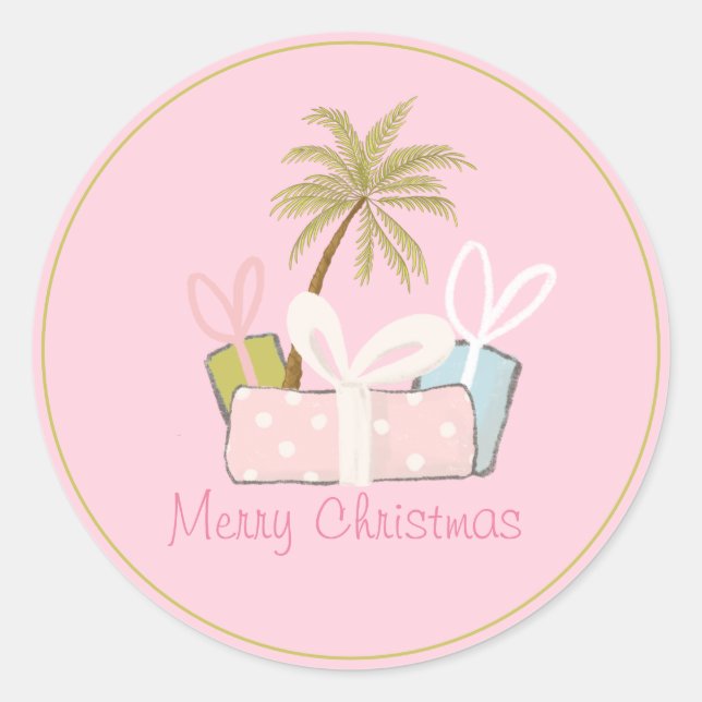 Tropical Christmas Palm Tree and Presents Envelope Classic Round Sticker (Front)