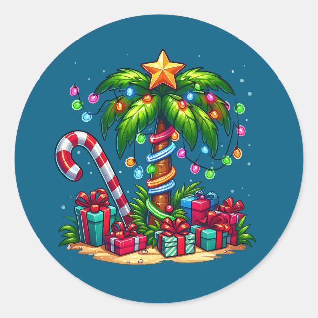 Tropical Christmas Palm Tree Classic Round Sticker (Front)