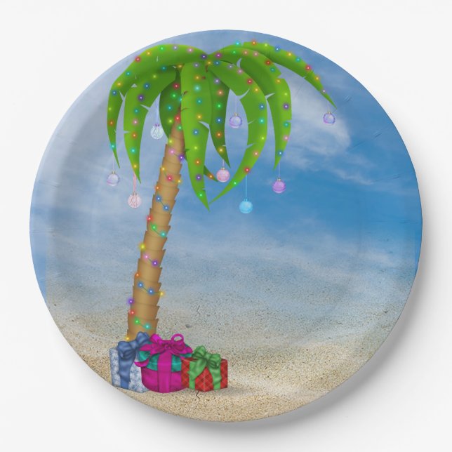 Tropical Christmas Palm Tree in sand Paper Plates (Front)