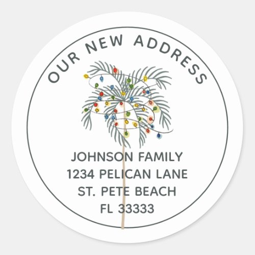 Tropical Christmas Palm Tree New Address Classic Round Sticker