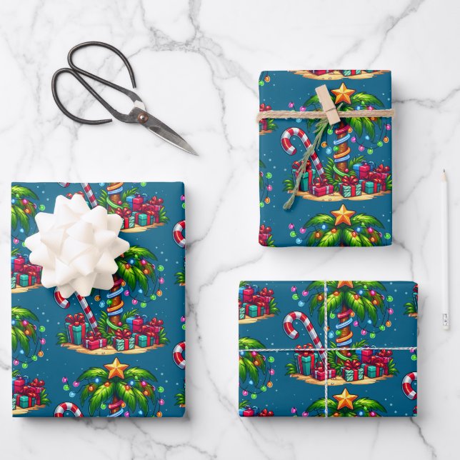Tropical Christmas Palm Tree Pattern Wrapping Paper Sheets (Front)