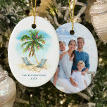 Tropical Christmas Palm Tree Photo Ceramic Ornament<br><div class="desc">Add your family name and photo to this tropical beach themed Christmas keepsake ornament featuring a palm tree over two beach chairs,  decorated with Christmas lights and baubles. On the back is an easy to personalize photo template.</div>