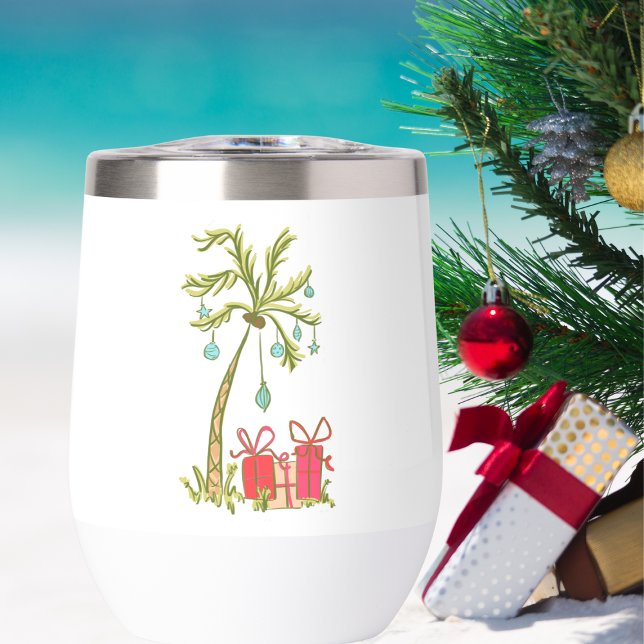 Tropical Christmas Palm Tree Presents Coastal Name Thermal Wine Tumbler (Creator Uploaded)
