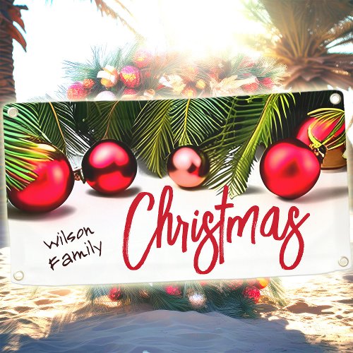 Tropical Christmas Palm Tree Red Green Family Name Banner