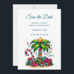 Tropical Christmas Palm Tree Save The Date<br><div class="desc">Save the date card with a seasonal holiday image. A tropical palm tree decorated in festive lights with a star on top. A giant red and white candy cane sticking out of the sand. Christmas presents under the tree. Whimsical and fun.</div>