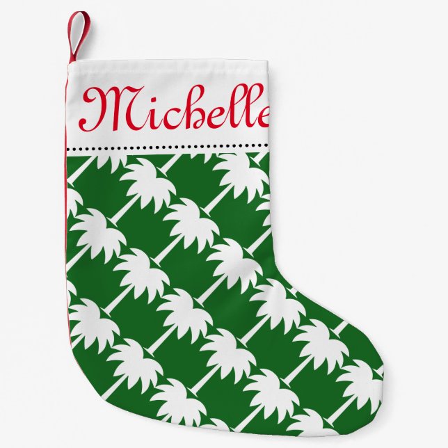 Tropical Christmas palm tree stocking with name (Front)