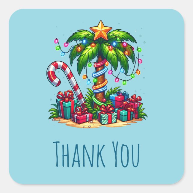 Tropical Christmas Palm Tree Thank You Square Sticker (Front)