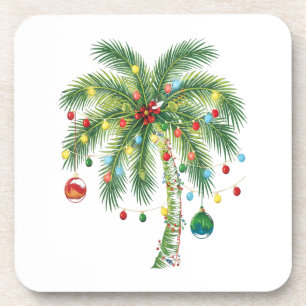 Tropical Christmas Palm Tree with Lights and Ornam Beverage Coaster