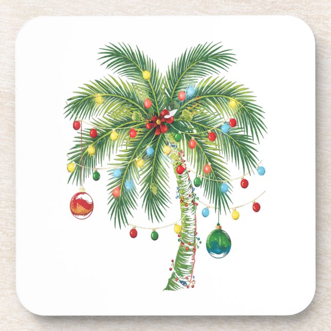Tropical Christmas Palm Tree with Lights and Ornam Beverage Coaster (Front)