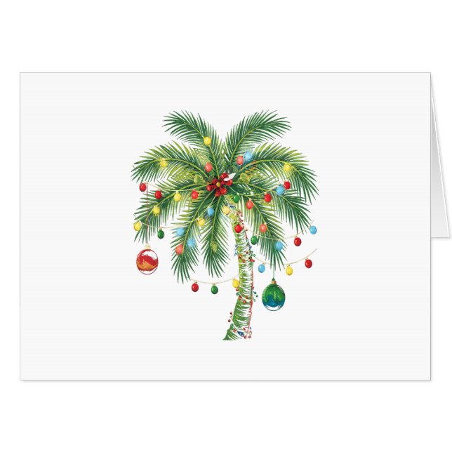 Tropical Christmas Palm Tree with Lights and Ornam Card (Front Horizontal)