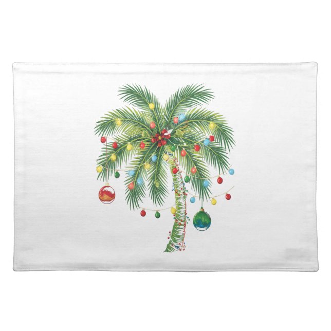 Tropical Christmas Palm Tree with Lights and Ornam Cloth Placemat (Front)