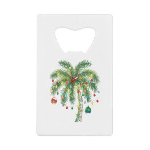Tropical Christmas Palm Tree with Lights and Ornam Credit Card Bottle Opener