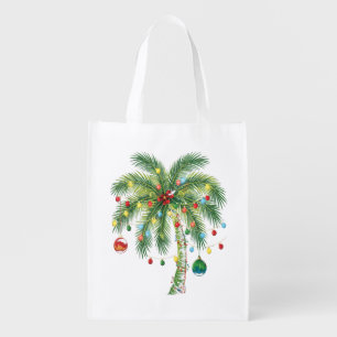 Tropical Christmas Palm Tree with Lights and Ornam Grocery Bag