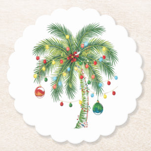 Tropical Christmas Palm Tree with Lights and Ornam Paper Coaster