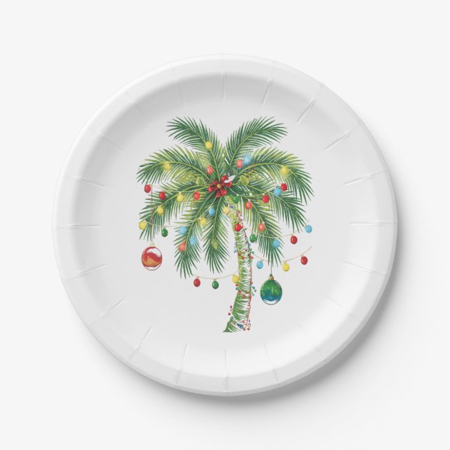 Tropical Christmas Palm Tree with Lights and Ornam Paper Plates (Front)