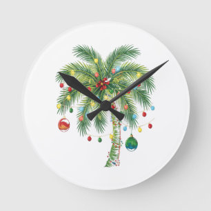Tropical Christmas Palm Tree with Lights and Ornam Round Clock