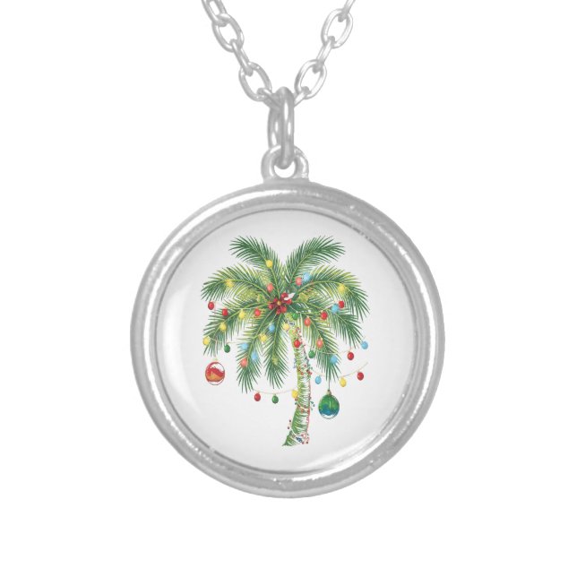 Tropical Christmas Palm Tree with Lights and Ornam Silver Plated Necklace (Front)