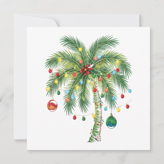 Tropical Christmas Palm Tree with Lights and Ornam Thank You Card (Front)