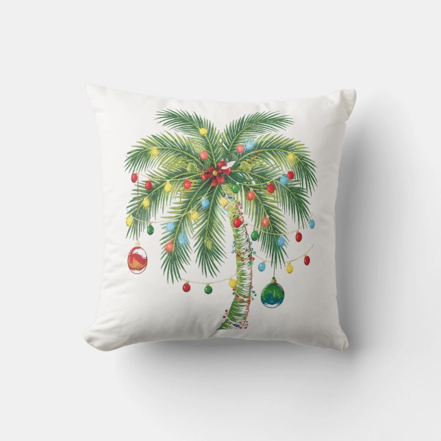 Tropical Christmas Palm Tree with Lights and Ornam Throw Pillow (Front)