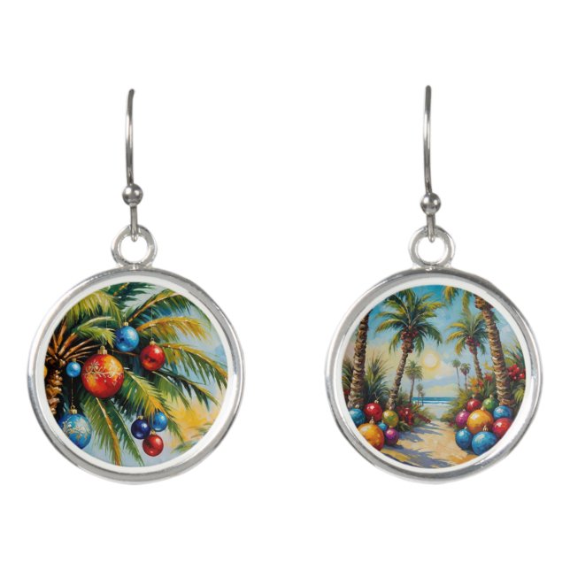 Tropical Christmas Palm Trees & Beach Earrings (Front)