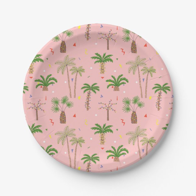 Tropical Christmas Palm Trees Pattern Paper Plates (Front)