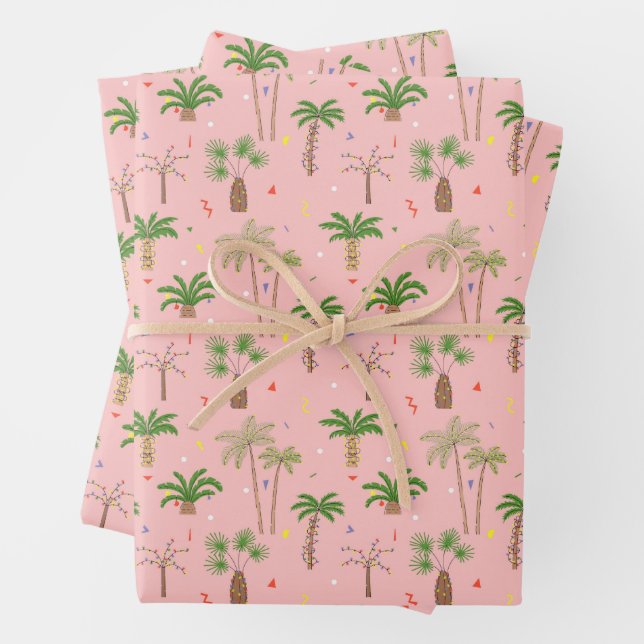 Tropical Christmas Palm Trees Pattern Wrapping Paper Sheets (In situ)