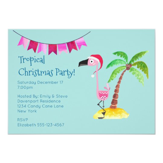 Tropical Christmas Party Pink Flamingo Card