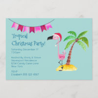 Tropical Christmas Party Pink Flamingo Invitation