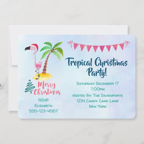 Tropical Christmas Party Pink Flamingo Invitation