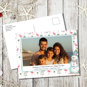 Tropical Christmas Pink Flamingo Family Photo Holiday Postcard