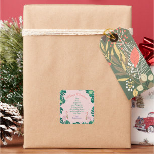 Tropical Christmas Pink Flamingo Santa Hat Baubles Square Sticker