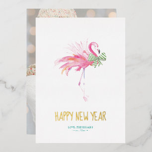 Tropical Christmas Pink Flamingo Watercolor Foil Holiday Card
