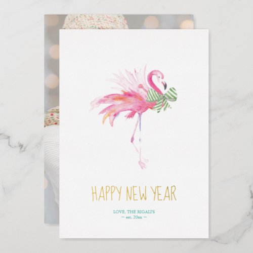 Tropical Christmas Pink Flamingo Watercolor Foil Holiday Card