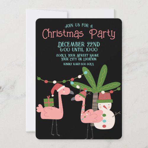 Tropical Christmas Pink Flamingos on Black Invitation